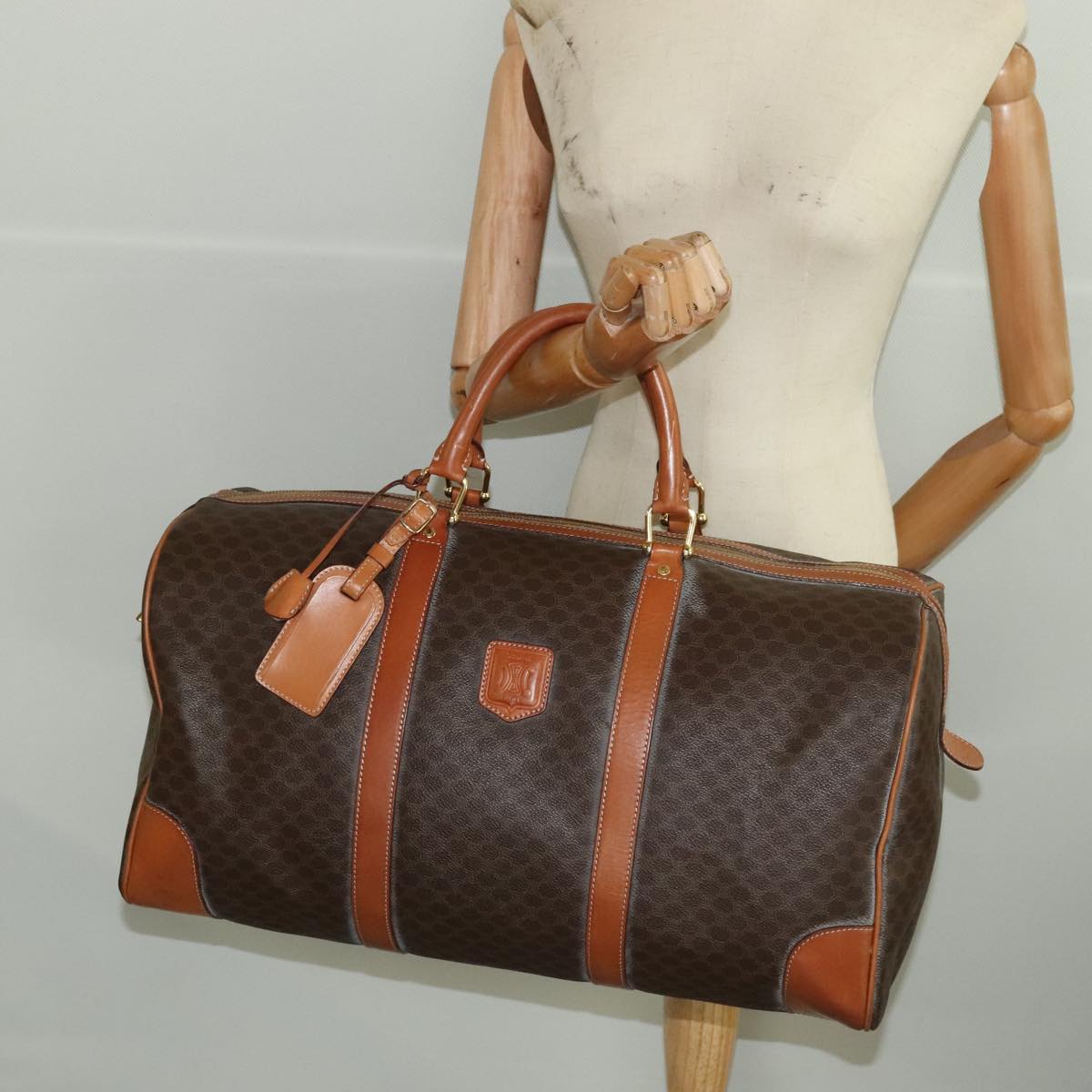 CELINE Macadam Canvas Boston Bag PVC Leather Brown Gold Auth 101153