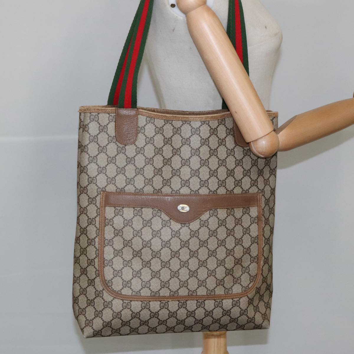 GUCCI GG Supreme Web Sherry Line Tote Bag PVC Beige 39 02 003 Auth 101156