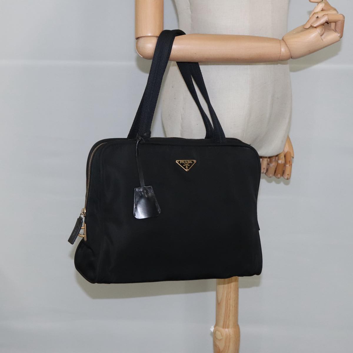 PRADA Hand Bag Nylon Black Gold Auth 101157