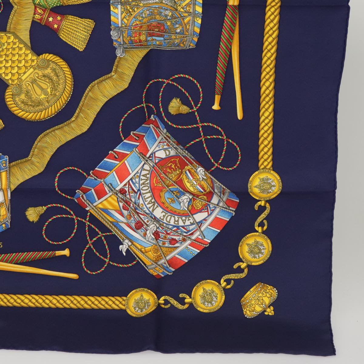 HERMES Carre 90 Scarf ""LES TAMBOURS"" Silk Blue Yellow Auth 101163