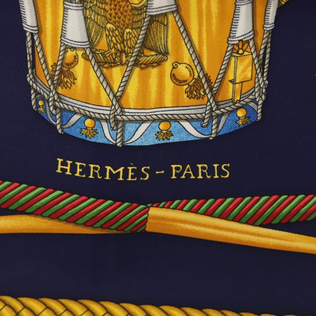 HERMES Carre 90 Scarf ""LES TAMBOURS"" Silk Blue Yellow Auth 101163