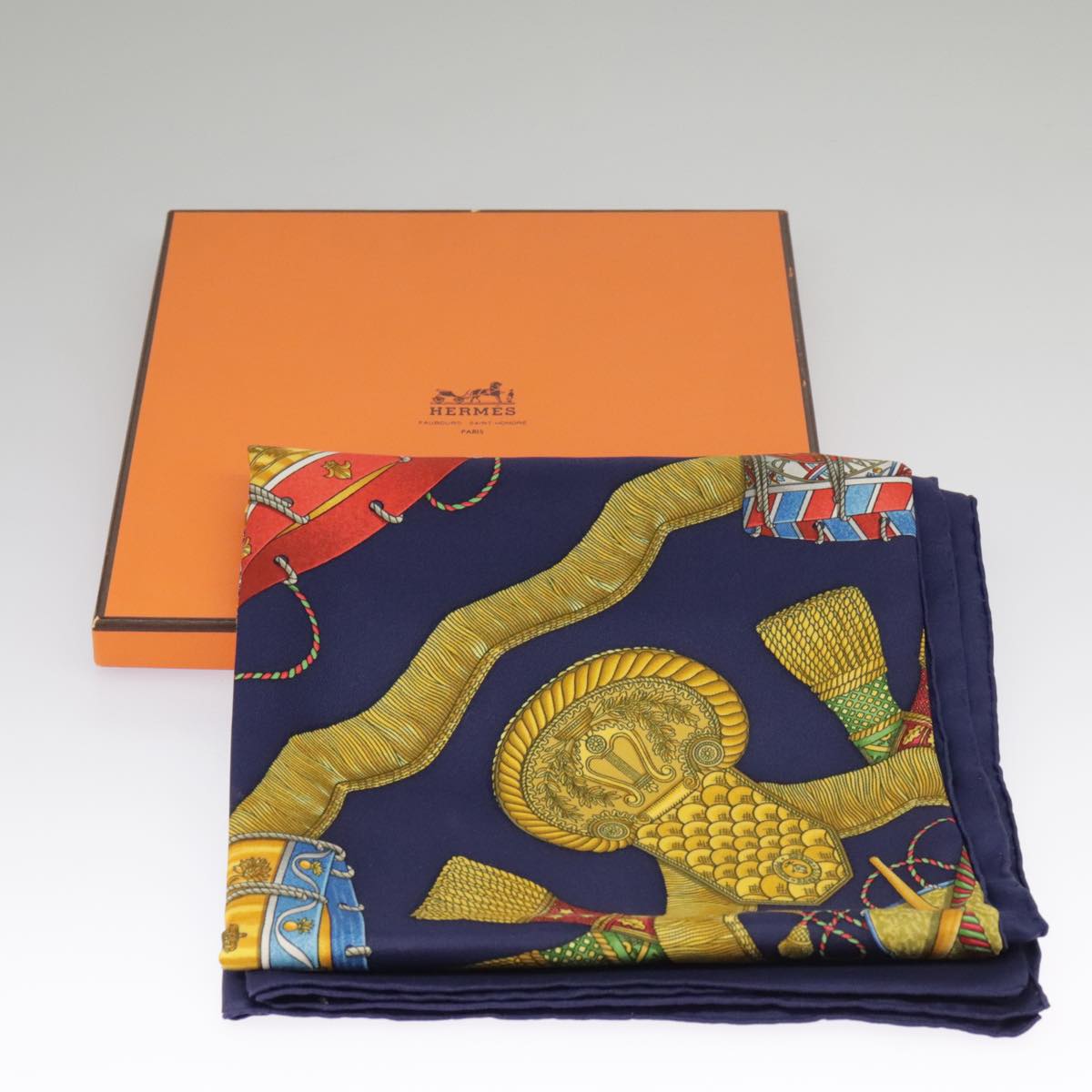 HERMES Carre 90 Scarf ""LES TAMBOURS"" Silk Blue Yellow Auth 101163