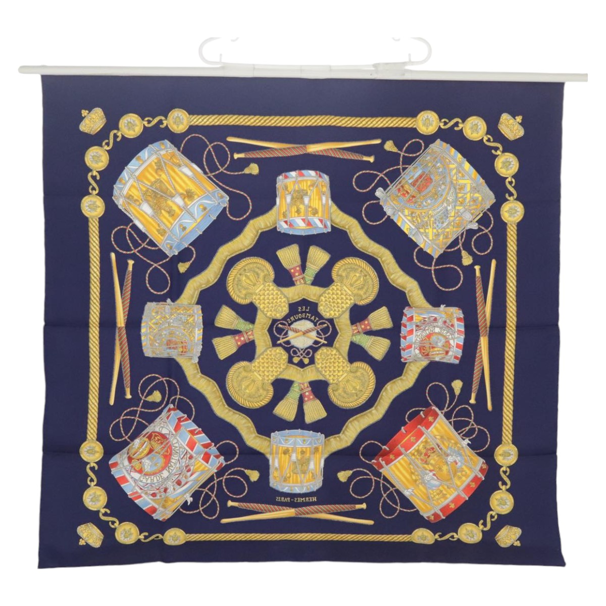 HERMES Carre 90 Scarf ""LES TAMBOURS"" Silk Blue Yellow Auth 101163 - 0