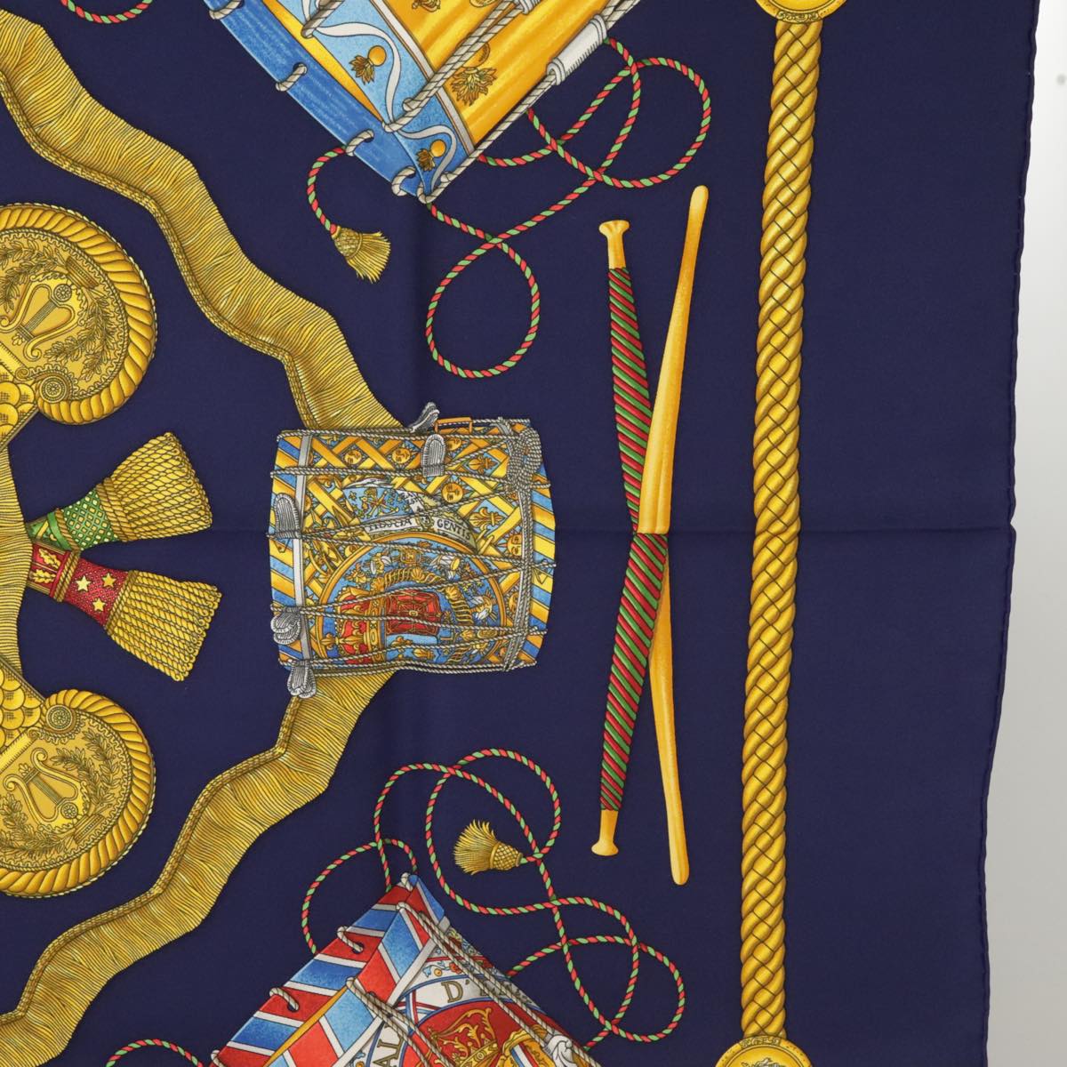 HERMES Carre 90 Scarf ""LES TAMBOURS"" Silk Blue Yellow Auth 101163