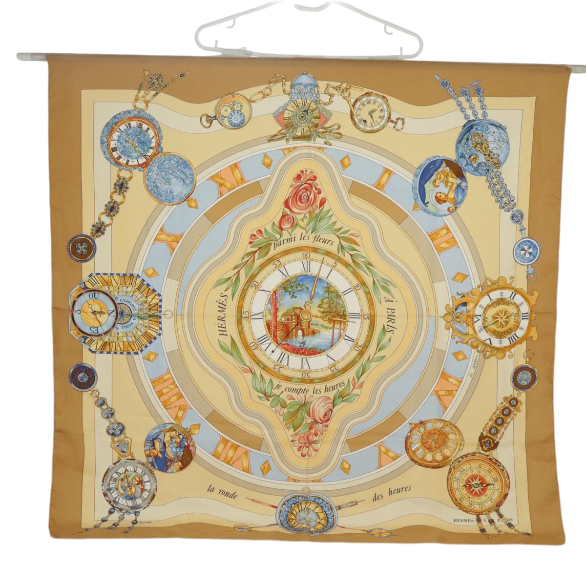 HERMES Carre90 parmi les fleurs Scarf Silk Beige Auth 101165