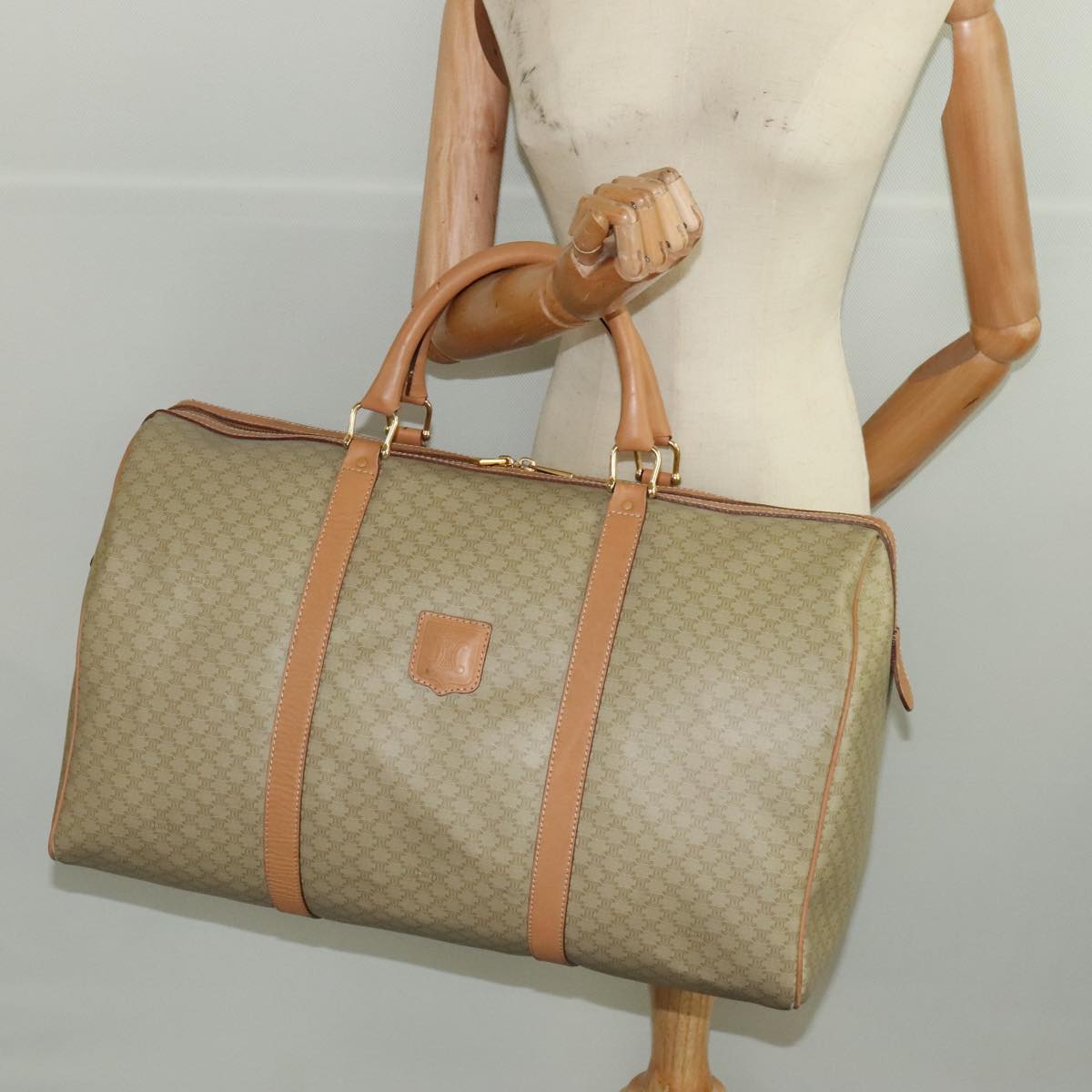 CELINE Macadam Canvas Boston Bag Beige Gold Auth 101177