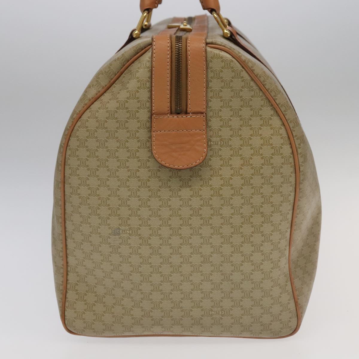 CELINE Macadam Canvas Boston Bag Beige Gold Auth 101177