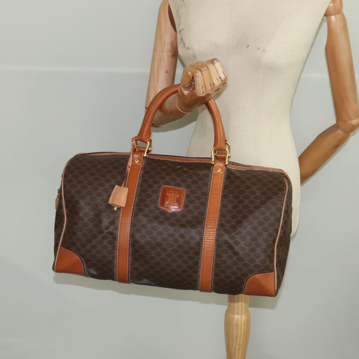 CELINE Macadam Canvas Boston Bag PVC Leather Brown Gold Auth 101179