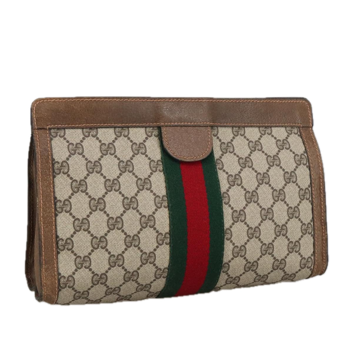 GUCCI GG Supreme Web Sherry Line Clutch Bag PVC Beige 37 014 2125 Auth 101180