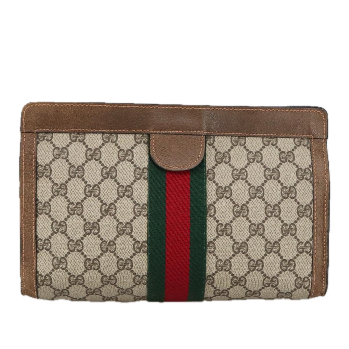 GUCCI GG Supreme Web Sherry Line Clutch Bag PVC Beige 37 014 2125 Auth 101180 - 0