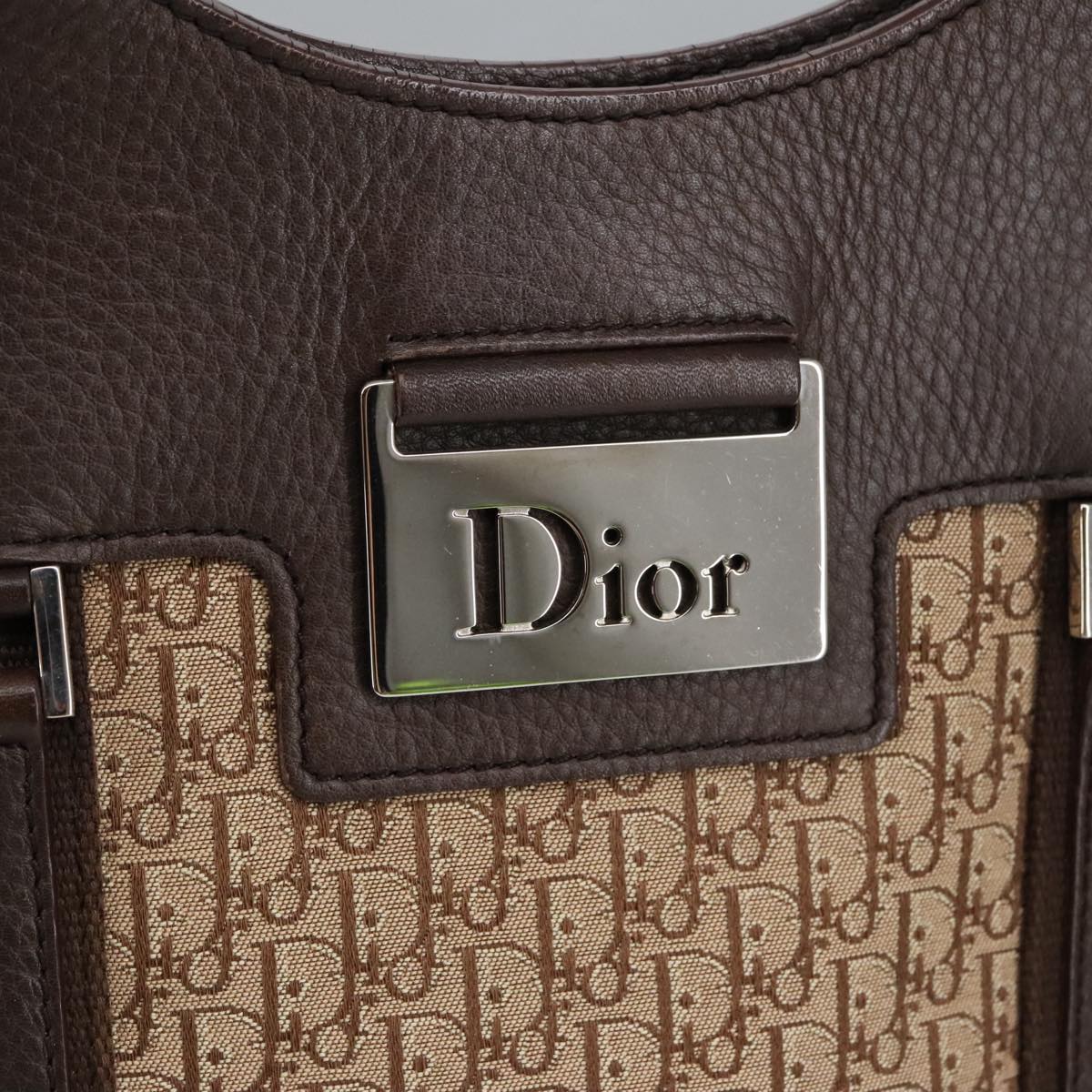 Christian Dior Trotter Canvas Hand Bag Beige Silver Auth 101187