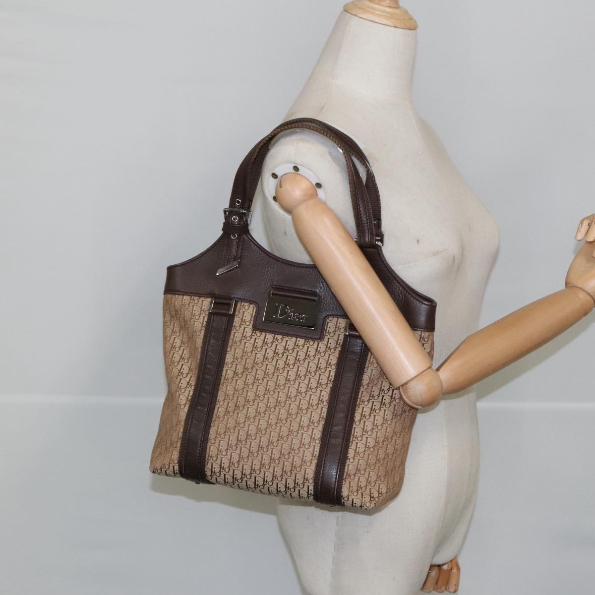 Christian Dior Trotter Canvas Hand Bag Beige Silver Auth 101187