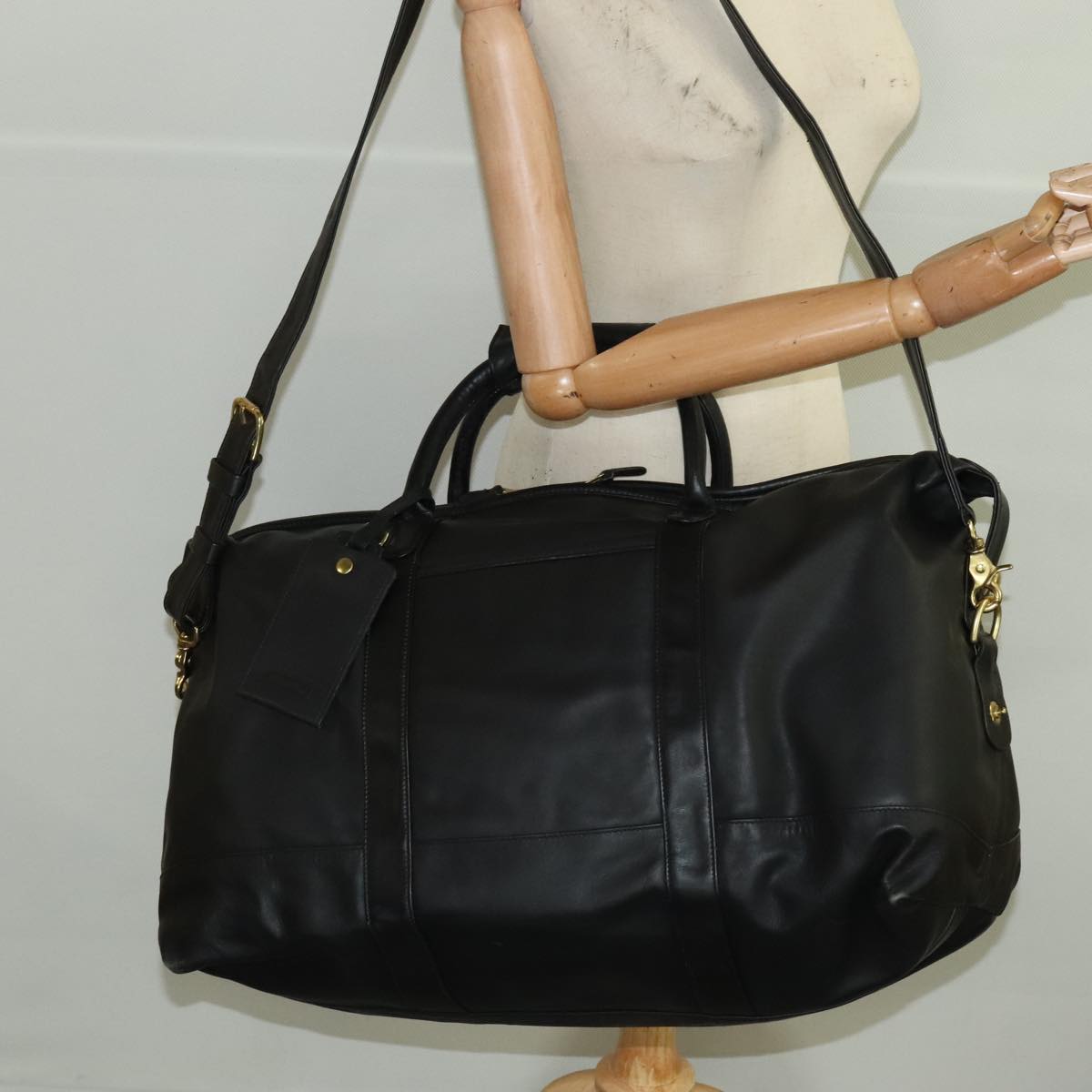 Coach Boston Bag Leather 2way Black Gold Auth 101202