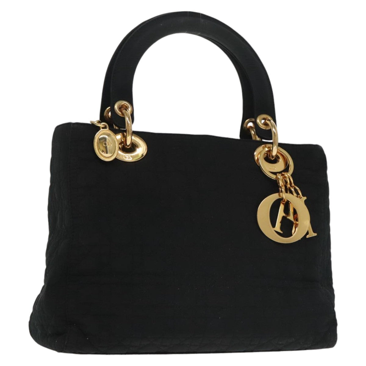 Christian Dior Canage Lady Dior Hand Bag Nylon Black Gold Auth 101215