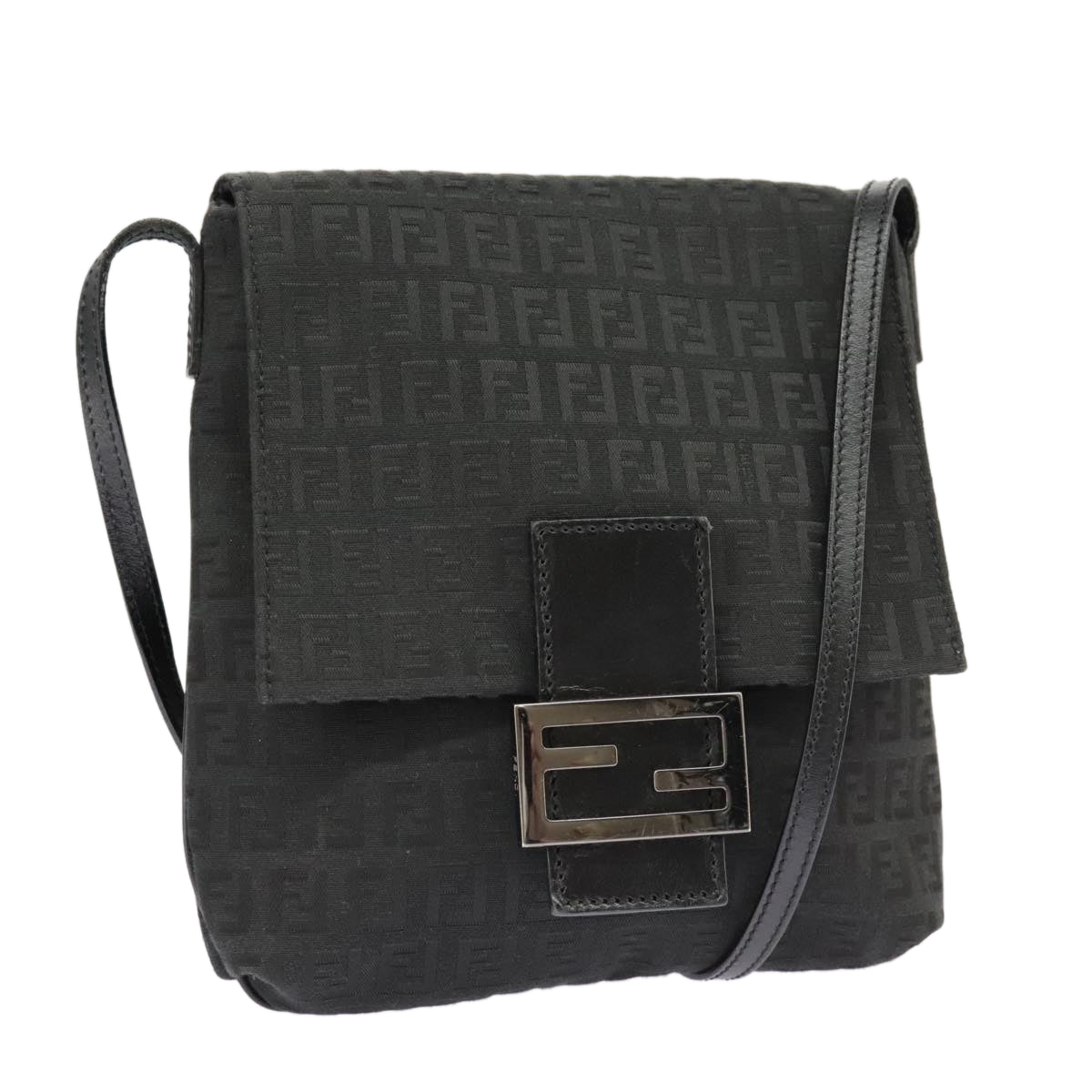 FENDI Zucchino Canvas Mamma Baguette Shoulder Bag Black Auth 101222