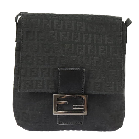 FENDI Zucchino Canvas Mamma Baguette Shoulder Bag Black Auth 101222V