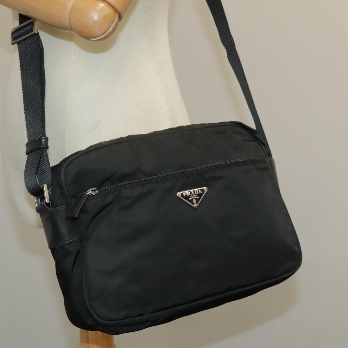 PRADA Shoulder Bag Nylon Black Silver Auth 101226