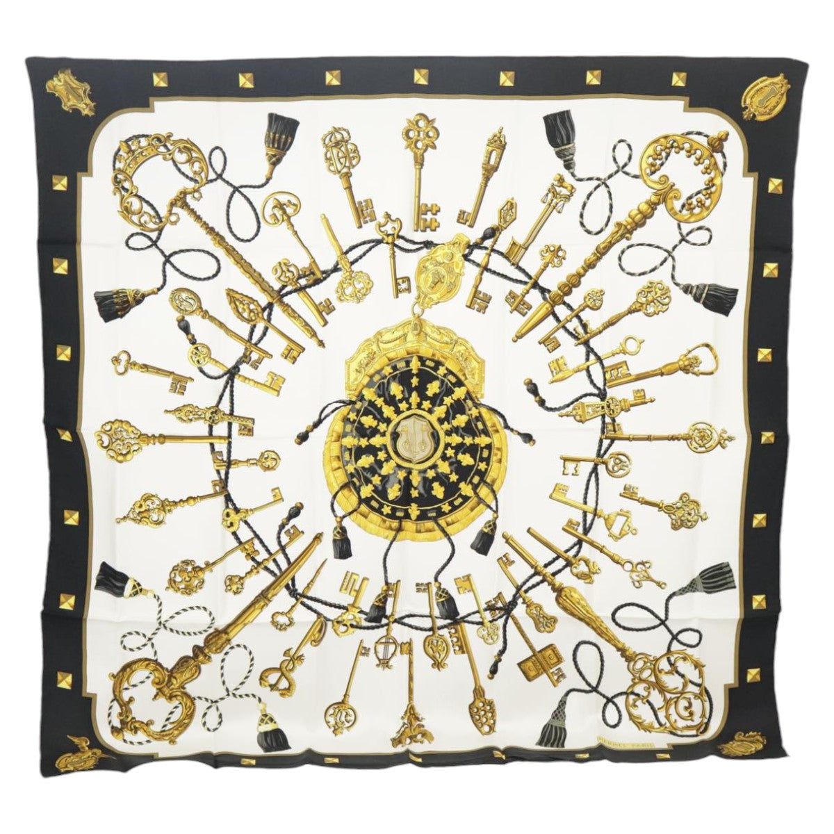 HERMES Carre90 LES CLES Scarf Silk Black White Auth 101240