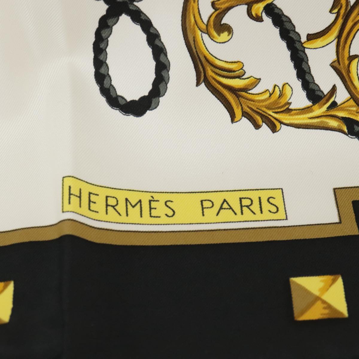 HERMES Carre90 LES CLES Scarf Silk Black White Auth 101240