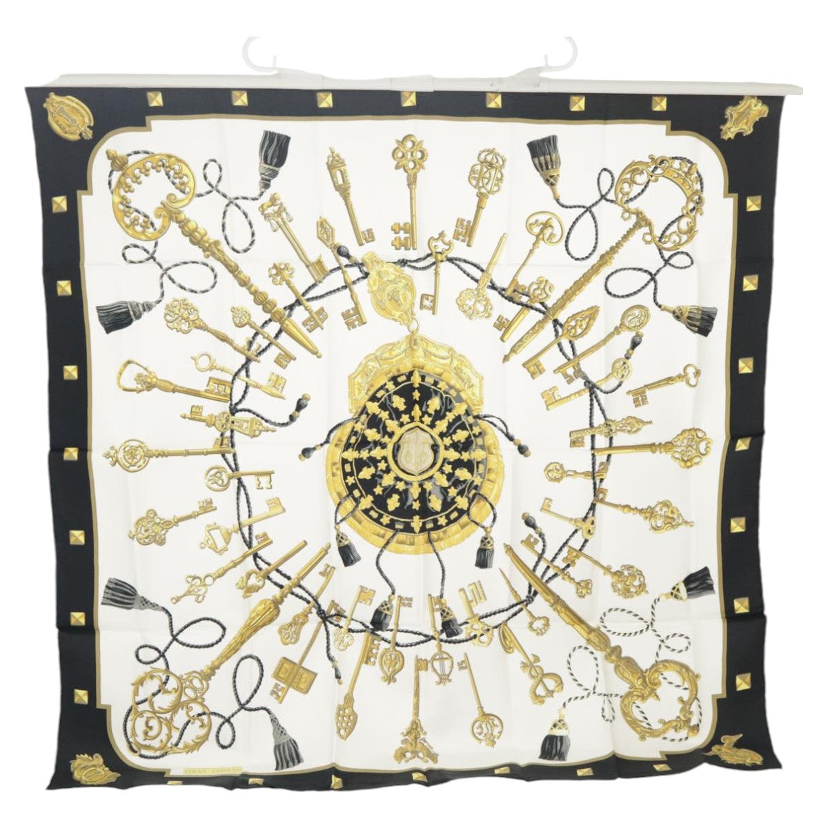 HERMES Carre90 LES CLES Scarf Silk Black White Auth 101240 - 0