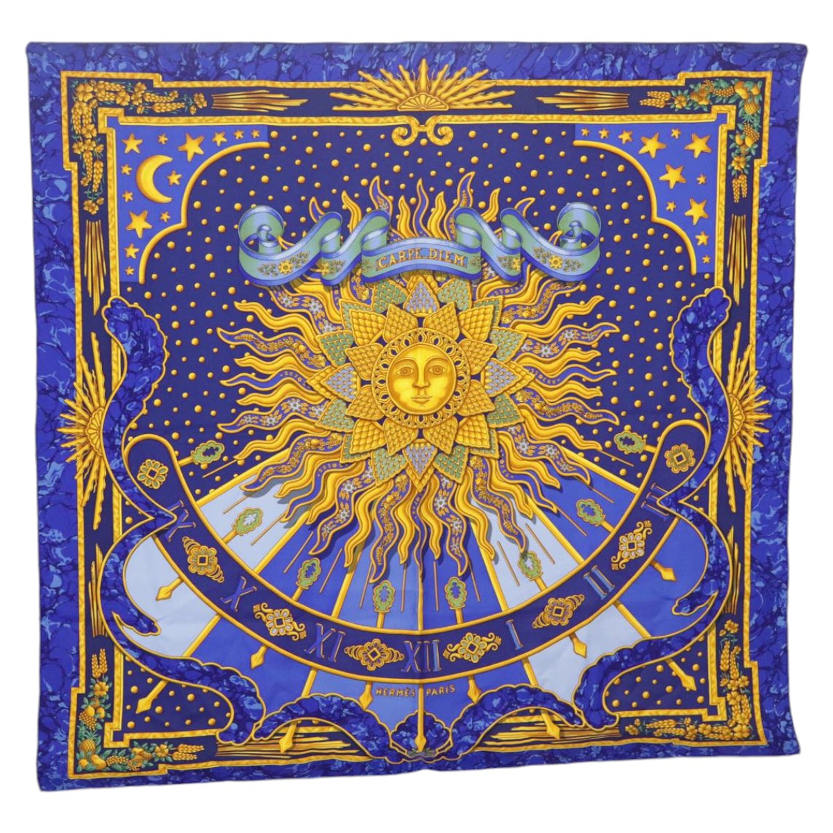 HERMES Carre90 CARPE DIEM Scarf Silk Blue Yellow Auth 101241