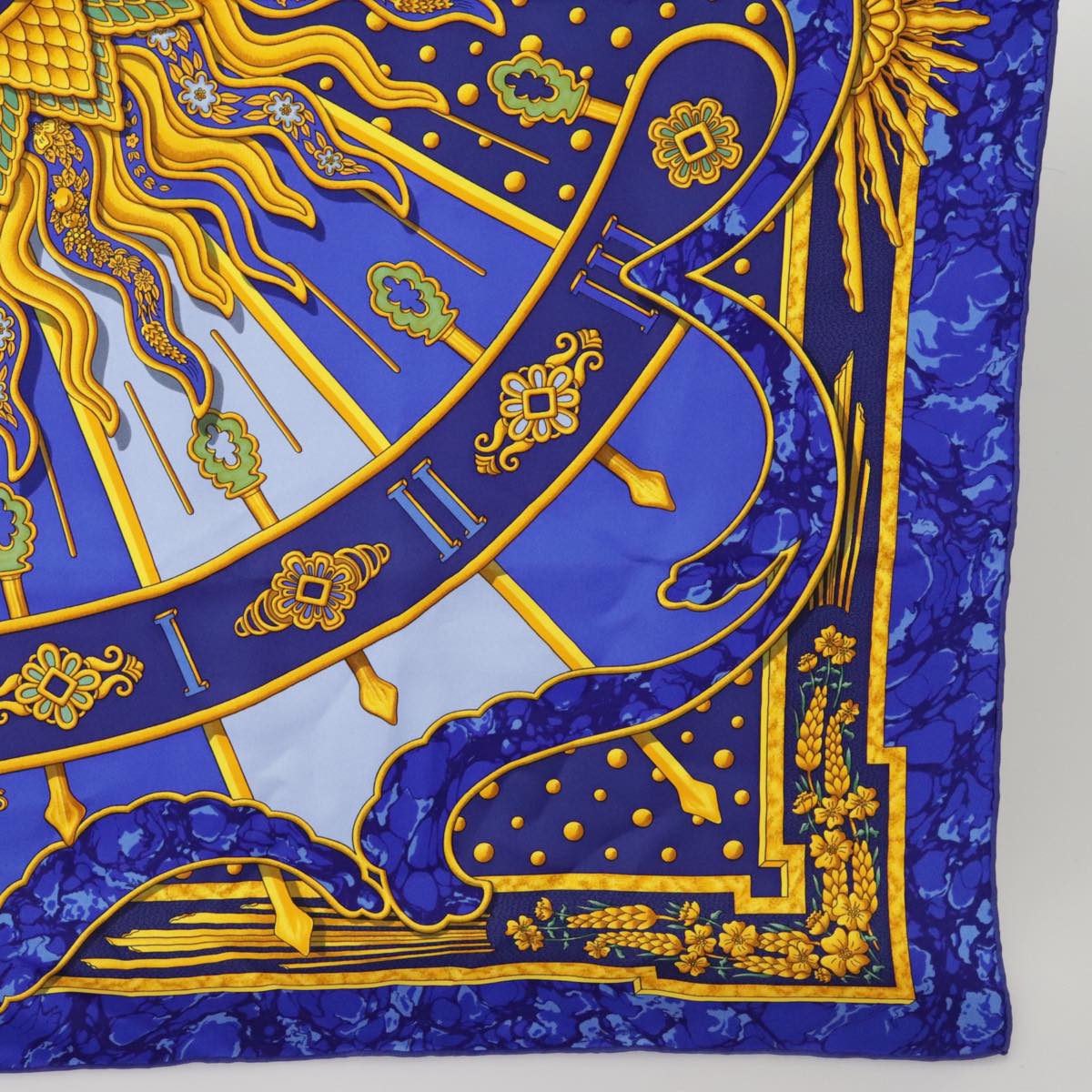 HERMES Carre90 CARPE DIEM Scarf Silk Blue Yellow Auth 101241