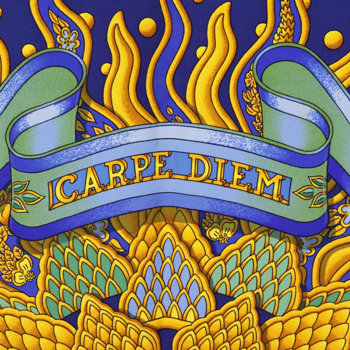 HERMES Carre90 CARPE DIEM Scarf Silk Blue Yellow Auth 101241