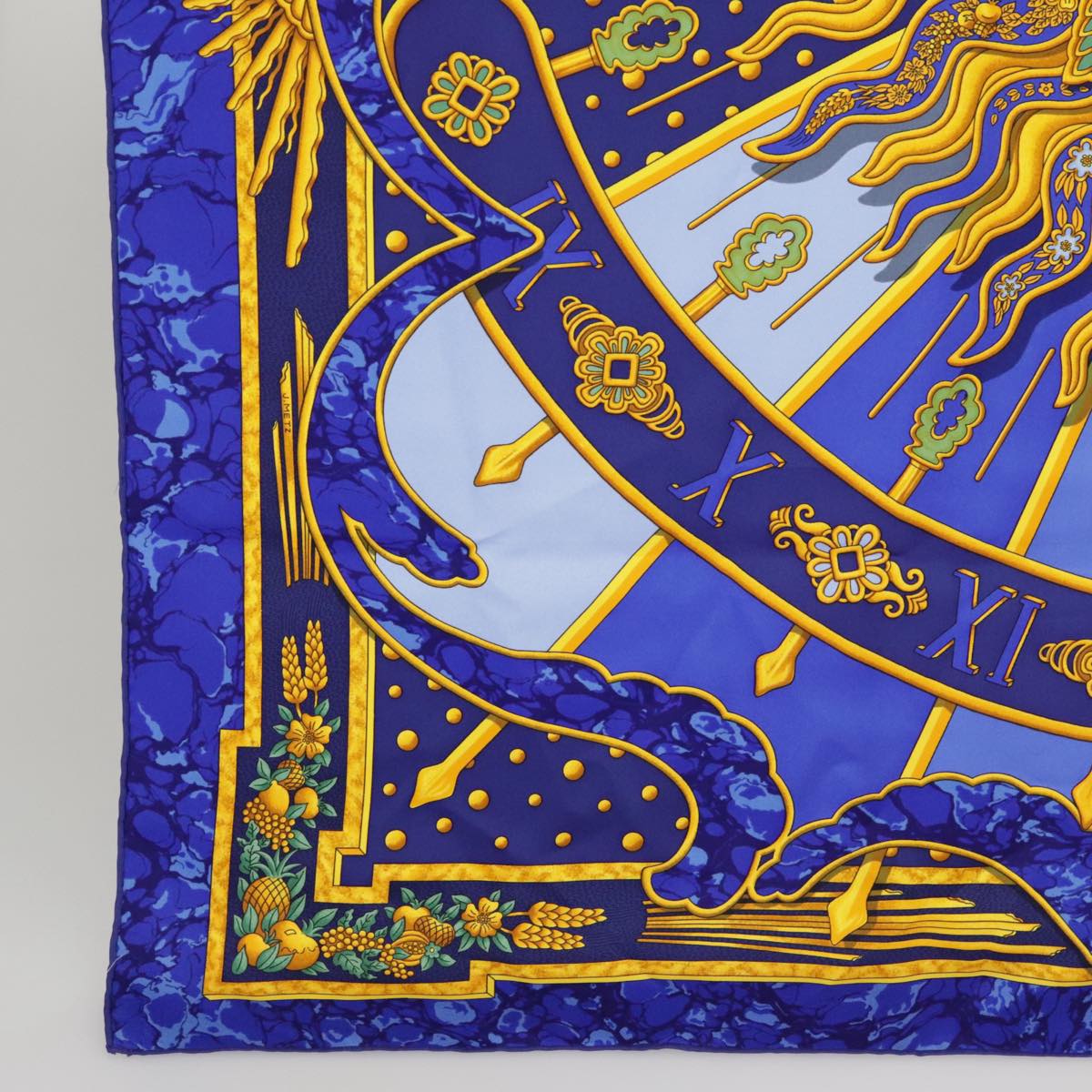 HERMES Carre90 CARPE DIEM Scarf Silk Blue Yellow Auth 101241