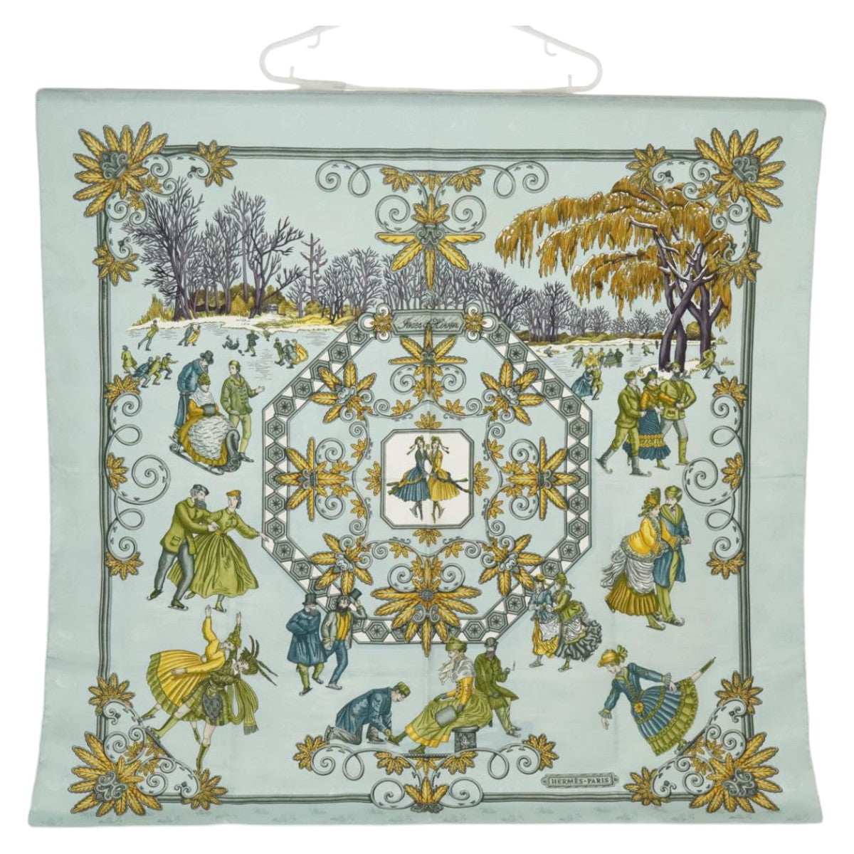 HERMES Carre90 Joies d' hiver Scarf Silk Light Blue Auth 101242