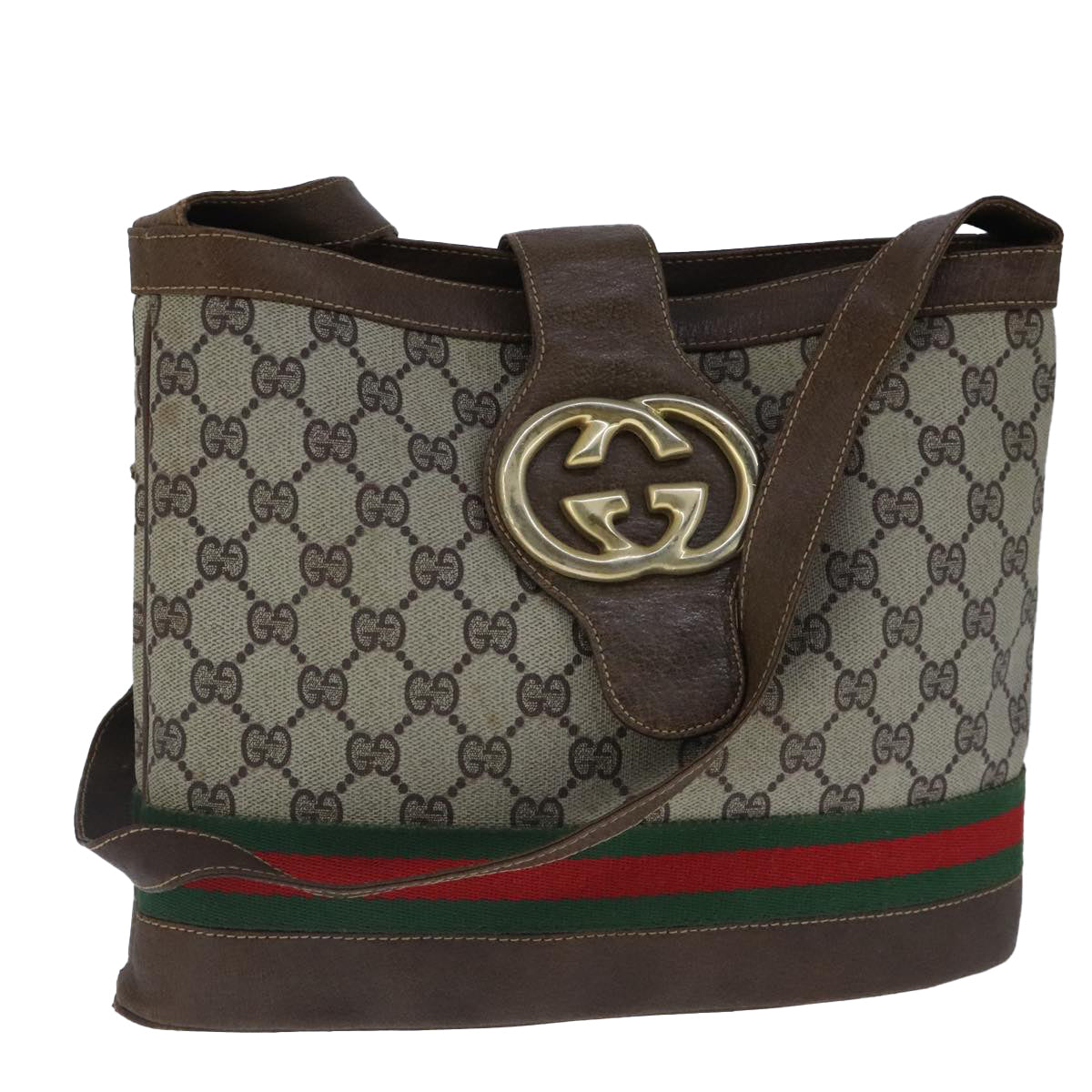 GUCCI GG Supreme Web Sherry Line Shoulder Bag PVC Beige Red Green Auth 101272