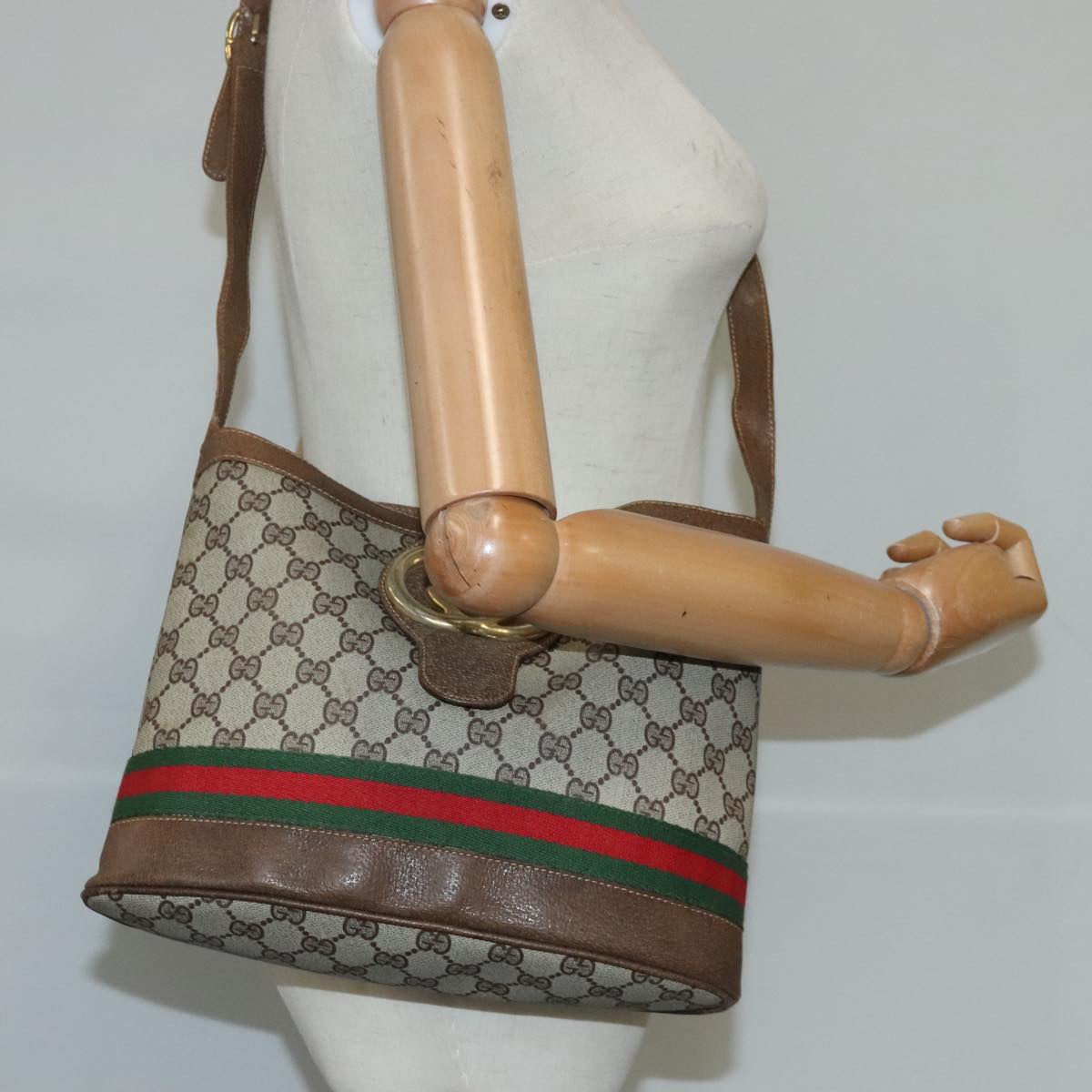 GUCCI GG Supreme Web Sherry Line Shoulder Bag PVC Beige Red Green Auth 101272