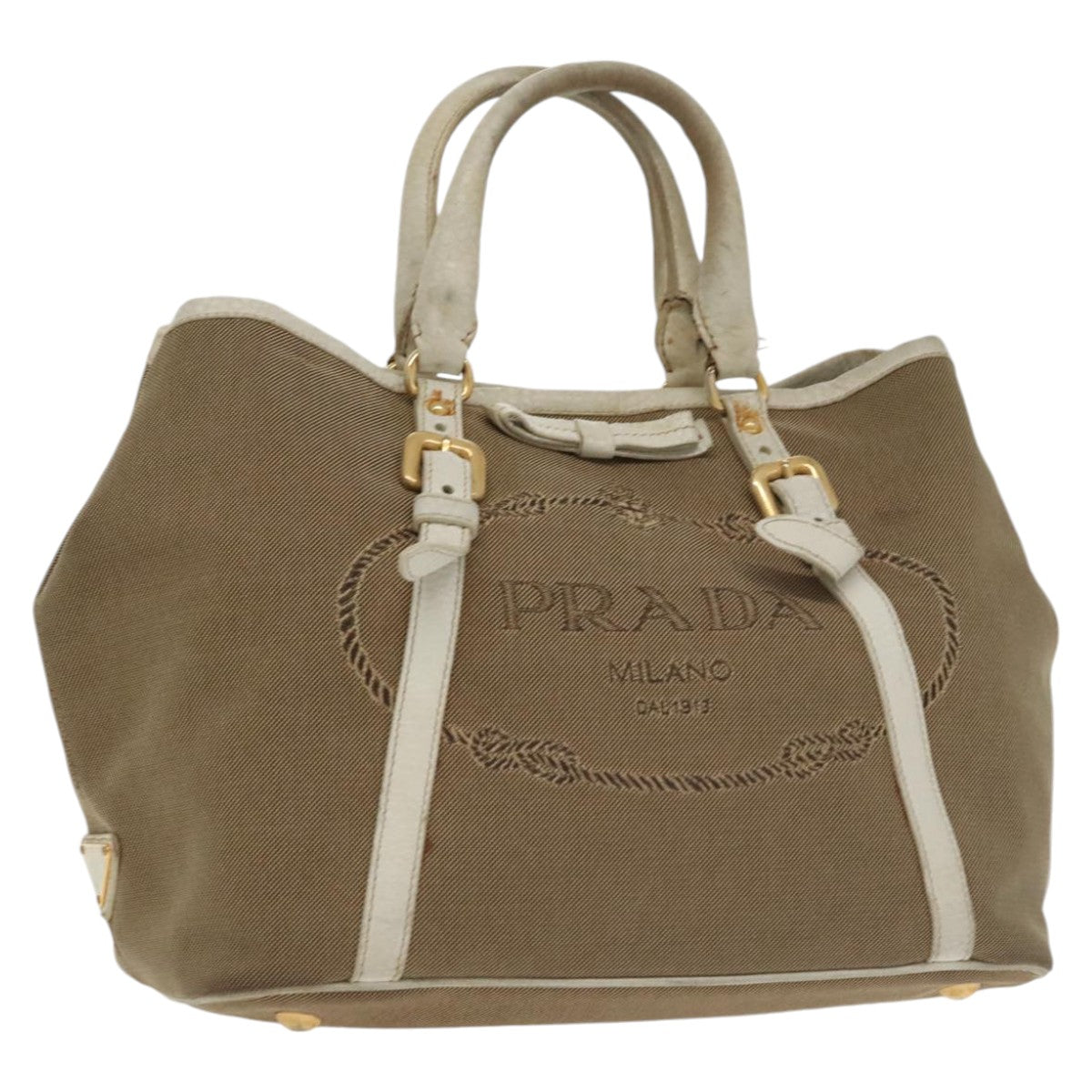 PRADA Hand Bag Canvas Beige Gold Auth 101281