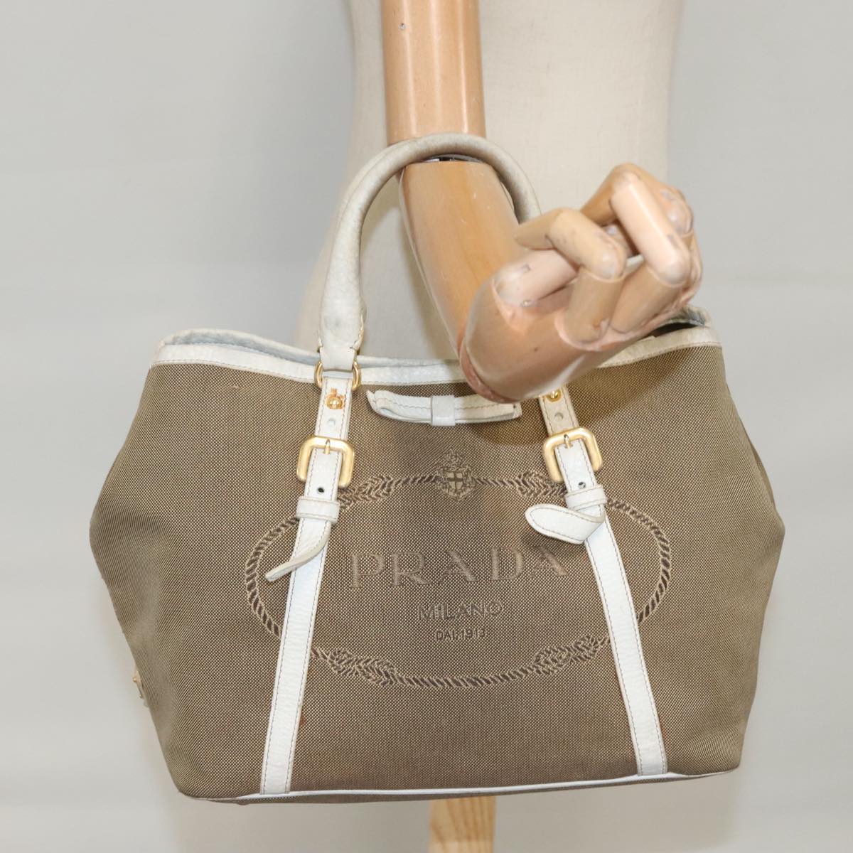 PRADA Hand Bag Canvas Beige Gold Auth 101281