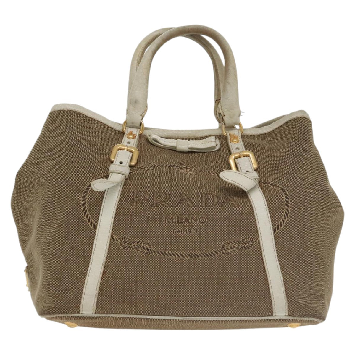 PRADA Hand Bag Canvas Beige Gold Auth 101281 - 0