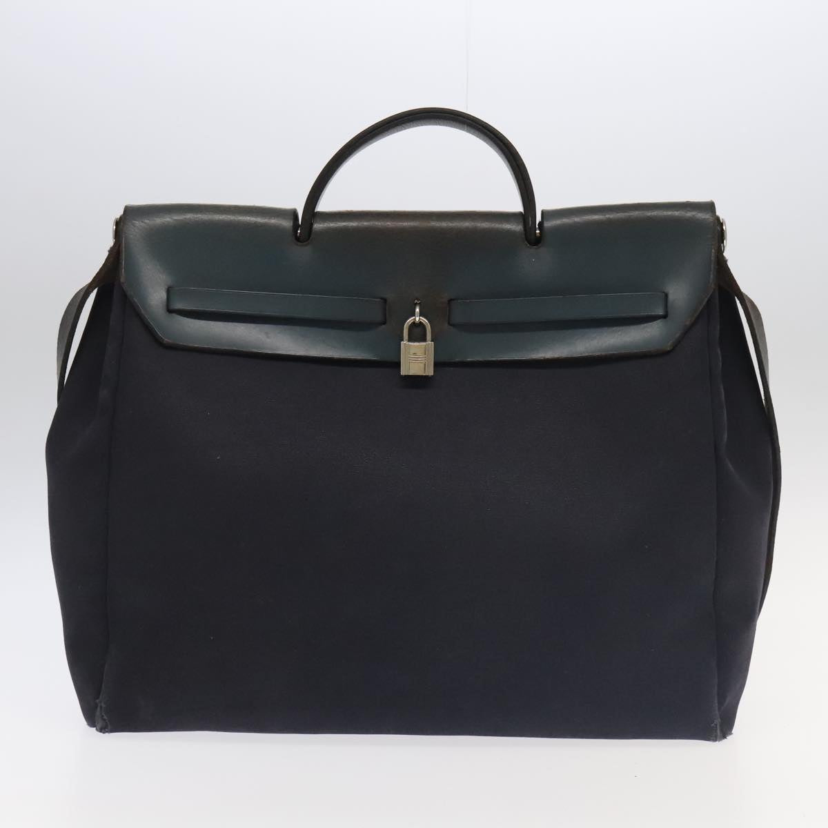 HERMES Herbag MM Hand Bag Canvas Leather Navy Silver Auth 101293