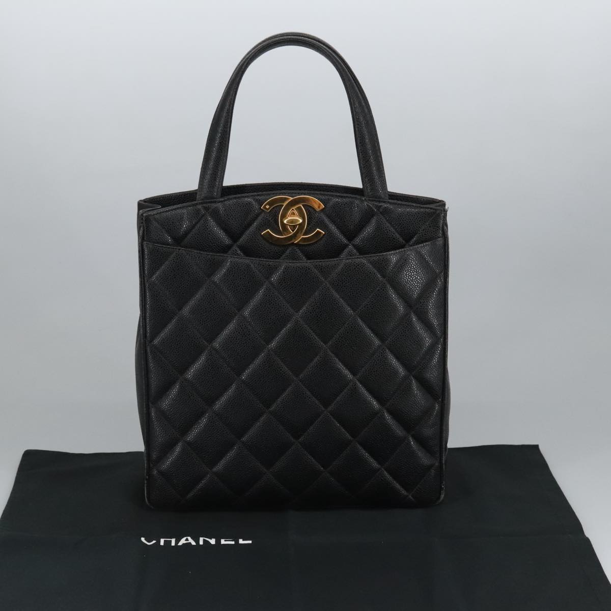 CHANEL Matelasse Hand Bag Caviar Skin Black CC Auth 101307A