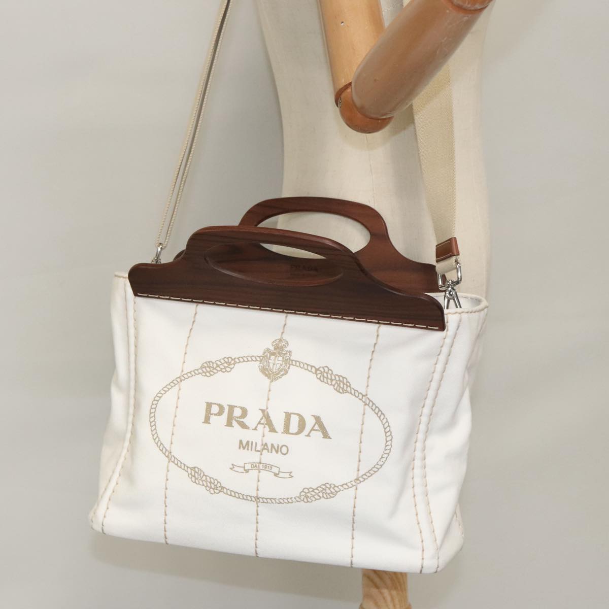 PRADA Canapalage Hand Bag Canvas White Silver 1BG350 Auth 101308S