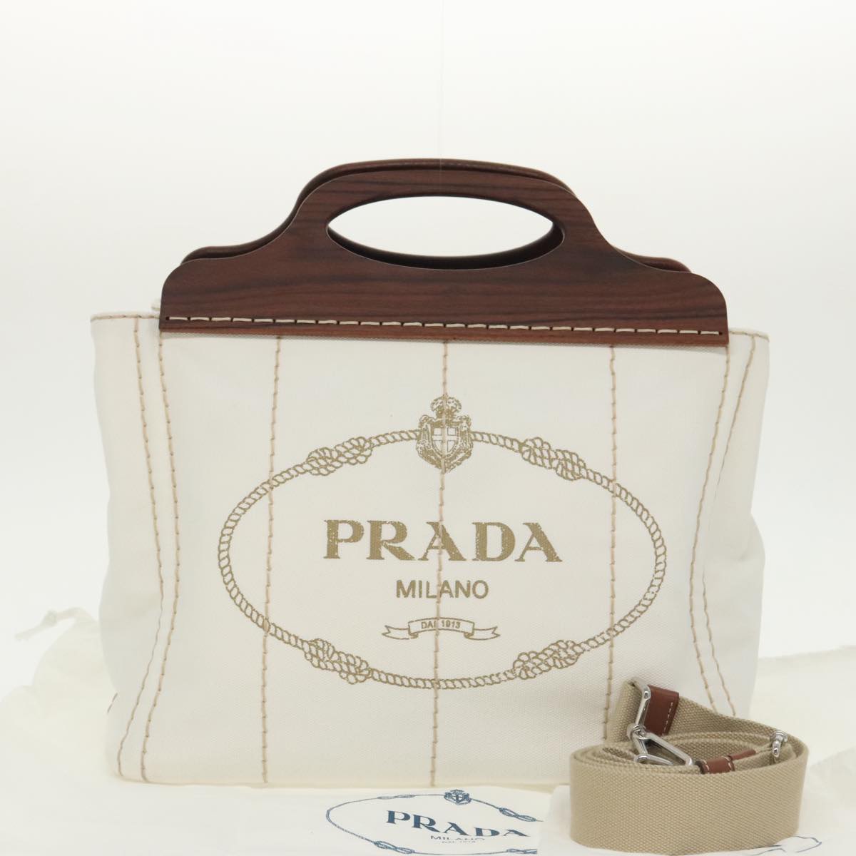 PRADA Canapalage Hand Bag Canvas White Silver 1BG350 Auth 101308S