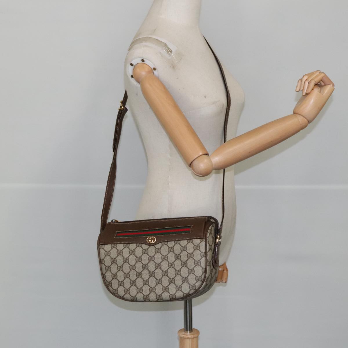 GUCCI GG Supreme Web Sherry Line Bag PVC Beige 001 123 0918 Auth 101309A