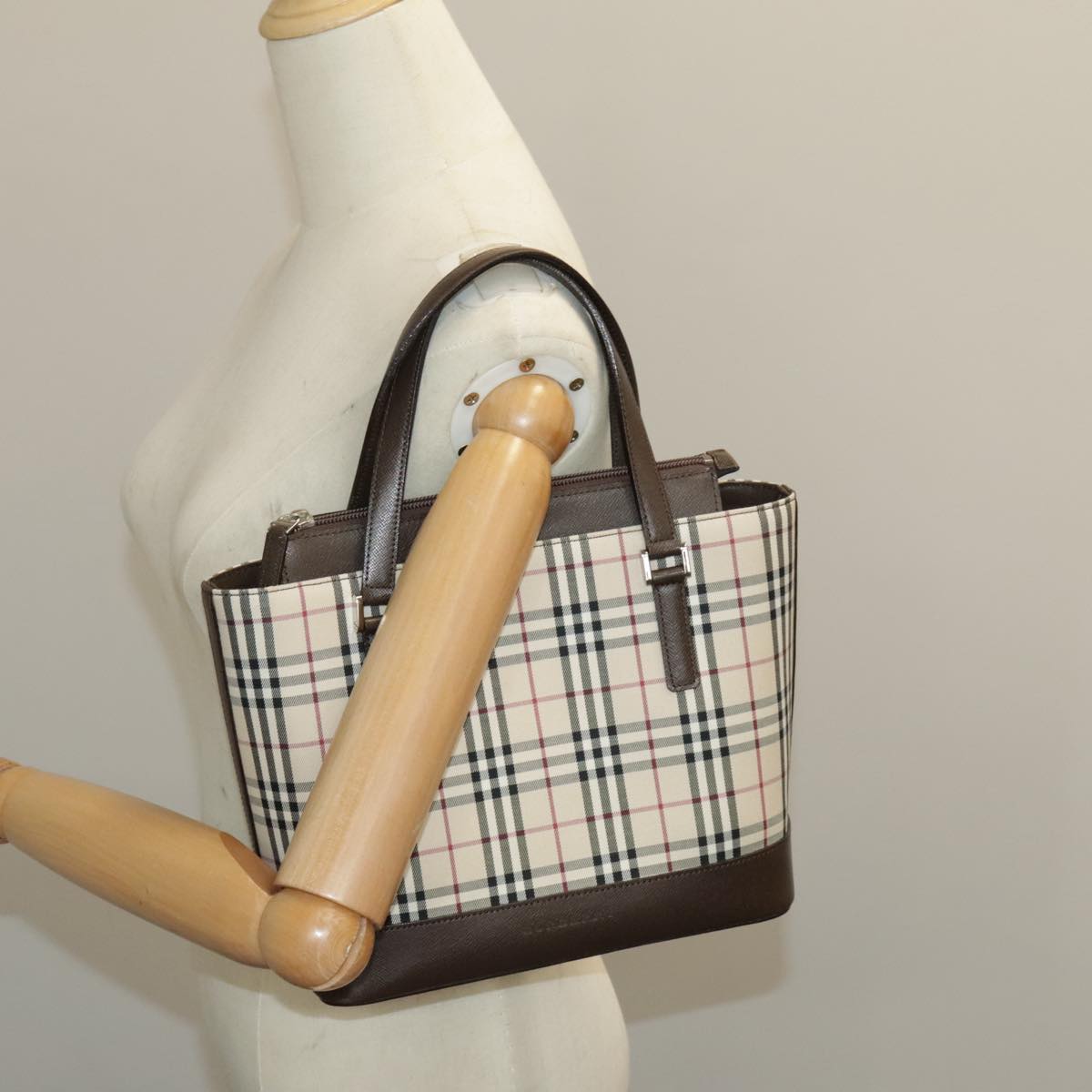 BURBERRY Nova Check Hand Bag Canvas Leather Beige Auth 101313