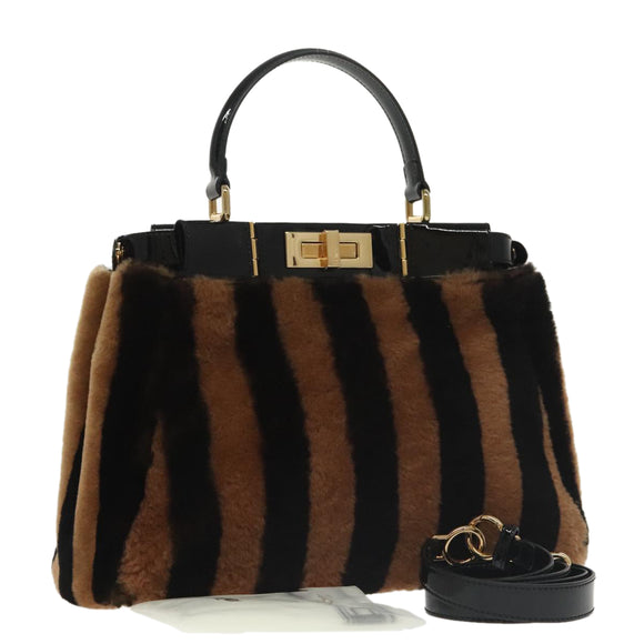 FENDI Pecan Peek A Boo Regular Hand Bag Mouton 2way Black Brown Auth 101314SV