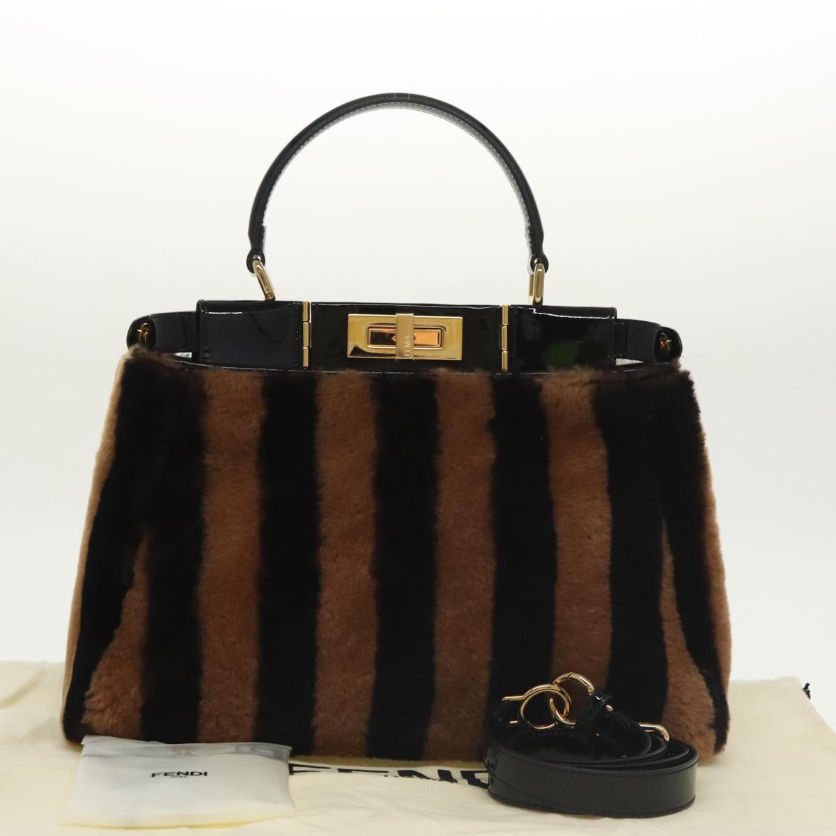 FENDI Pecan Peek A Boo Regular Hand Bag Mouton 2way Black Brown Auth 101314S