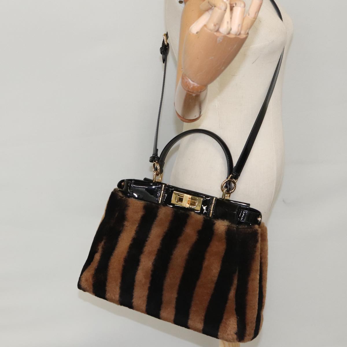 FENDI Pecan Peek A Boo Regular Hand Bag Mouton 2way Black Brown Auth 101314S