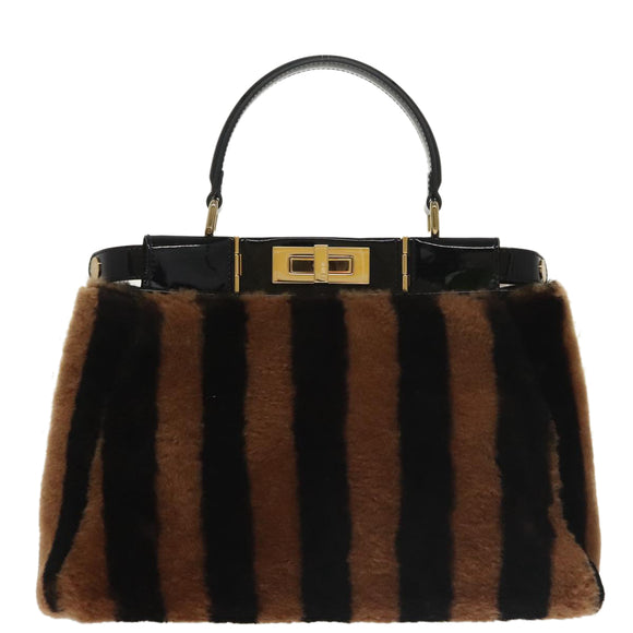 FENDI Pecan Peek A Boo Regular Hand Bag Mouton 2way Black Brown Auth 101314SV