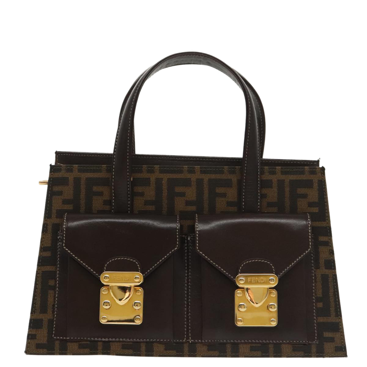 FENDI Zucca Canvas Hand Bag 2way Brown Black gold Auth 101320SA - 0