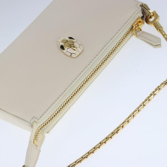 BVLGARI Serpenti Accessory Pouch Leather White Gold Auth 101324SA