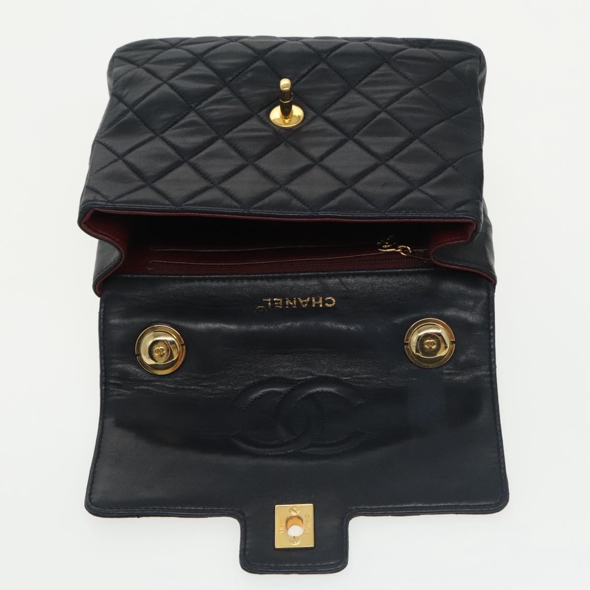 CHANEL Hand Bag Lamb Skin Navy Gold CC Auth 101325A