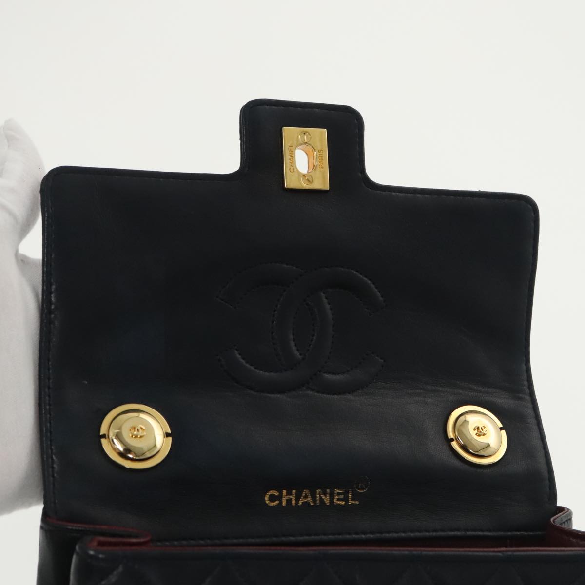 CHANEL Hand Bag Lamb Skin Navy Gold CC Auth 101325A