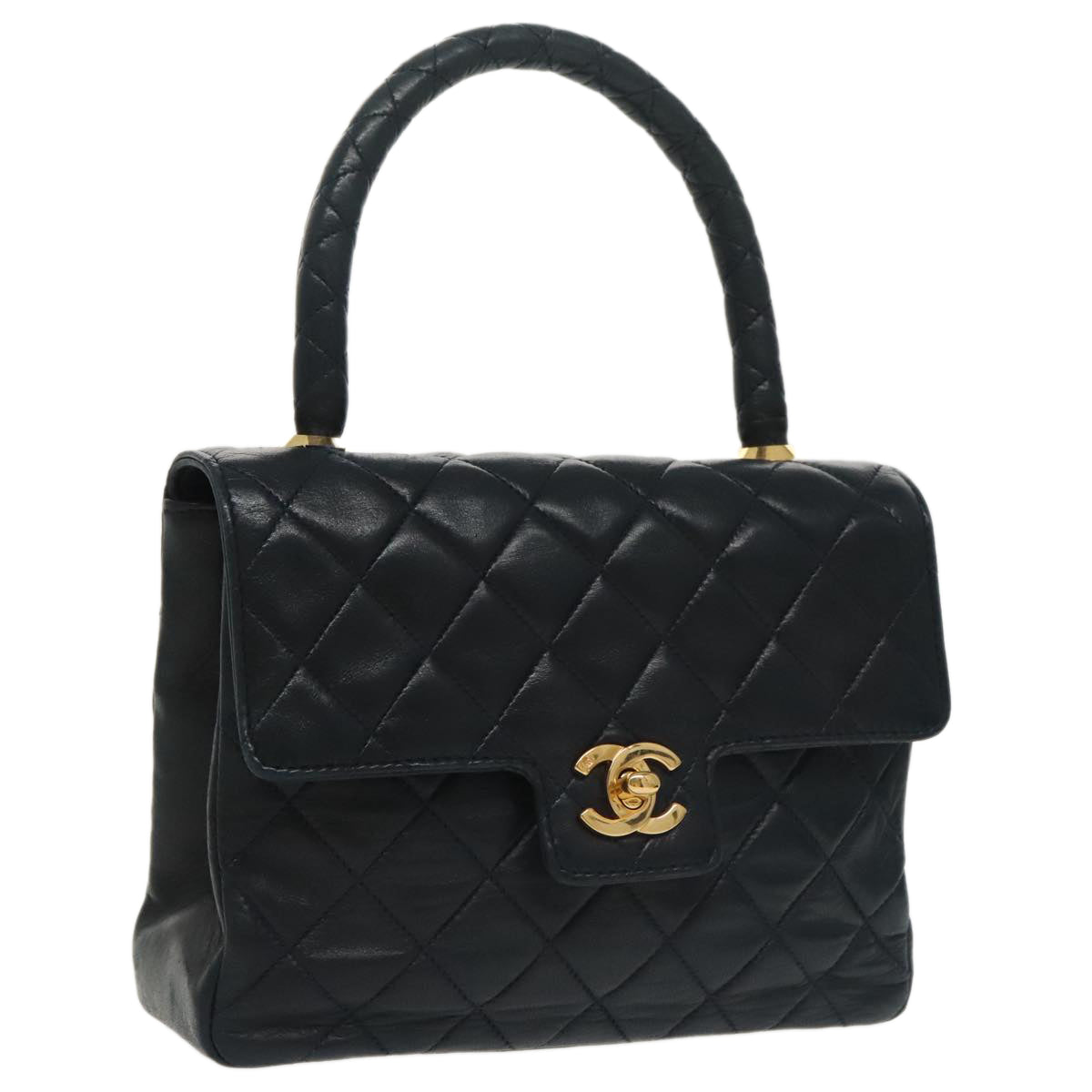 CHANEL Hand Bag Lamb Skin Navy Gold CC Auth 101325A