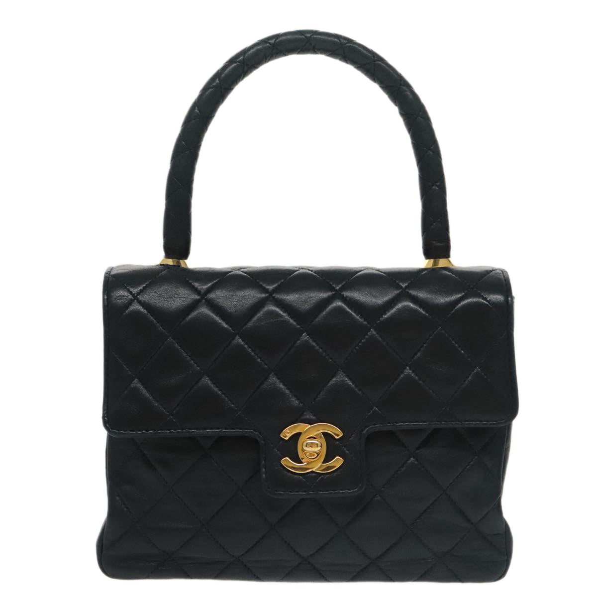 CHANEL Hand Bag Lamb Skin Navy Gold CC Auth 101325A - 0